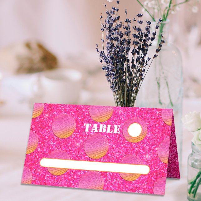 Retro Chic Disco Balls Hot Pink And Orange Wedding Place Card (Front)