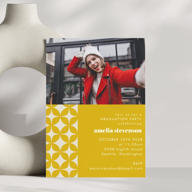 Retro Chic Geometric Yellow Graduation Party Photo Invitation (Creator Uploaded)