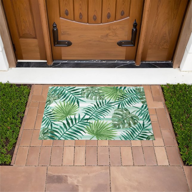 Retro Chic Green Palm Leaves Watercolor Art Doormat (Outdoor)