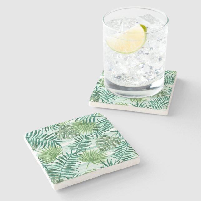 Retro Chic Green Palm Leaves Watercolor Art Stone Coaster (Side)