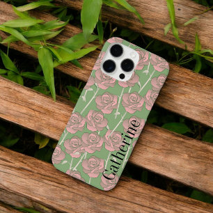Retro Chic Green & Pink Floral Pattern Whimsical iPhone 16 Pro Max Case