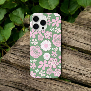 Retro Chic Green & Pink Floral Pattern Whimsical iPhone 16 Pro Max Case
