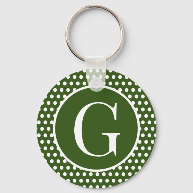 Retro Chic initial letter Dark Green Polka Dots Key Ring (Front)