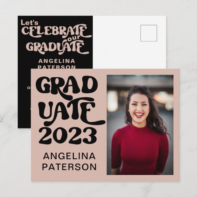 Retro Chic Photo Black & Pink Graduate Party Invitation Postcard (Front/Back)