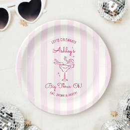 Retro Chic Pink Hand Drawn Cocktail 30th Birthday Paper Plate