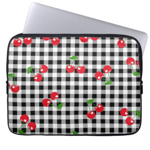 Retro Chic Red Cherry & Black White Gingham Trendy Laptop Sleeve