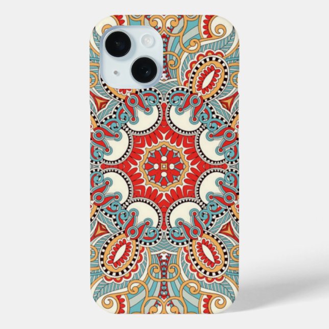 Retro Chic Red Teal Pretty Floral Mosaic Pattern Case-Mate iPhone Case (Back)