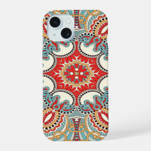 Retro Chic Red Teal Pretty Floral Mosaic Pattern iPhone 15 Case