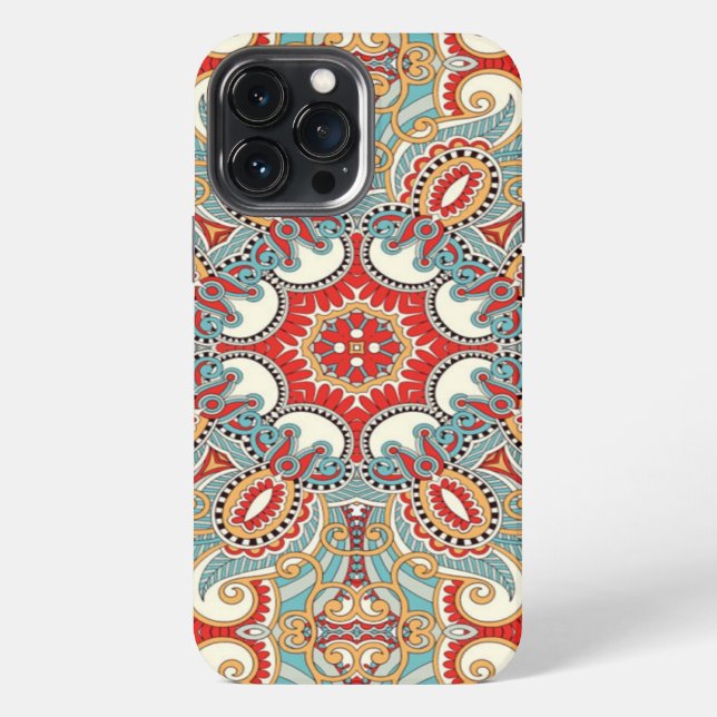 Retro Chic Red Teal Pretty Floral Mosaic Pattern iPhone Case (Back)