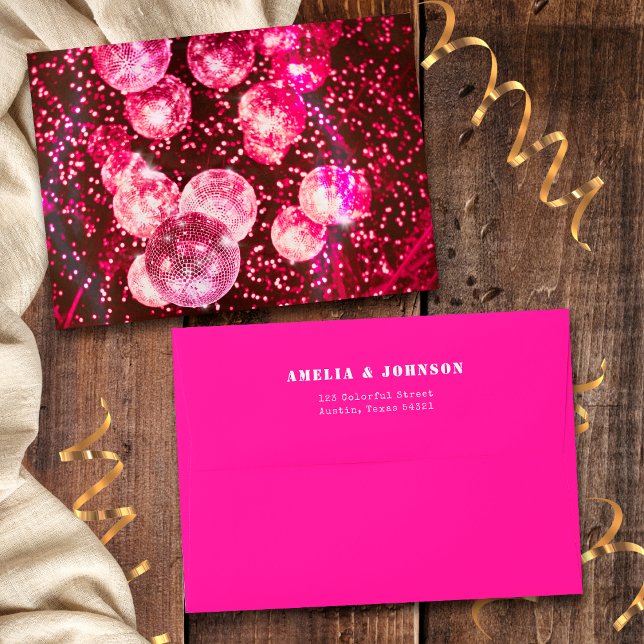 Retro Chic Stylish Disco Balls Hot Pink Wedding Envelope (Front and Back)