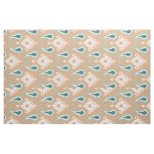 Retro Chic Teal Taupe Ethnic Ikat Tribal Pattern Fabric