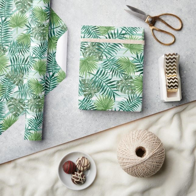 Retro Chic Tropical Green Palm Leaves Pattern Wrapping Paper (Crafts)