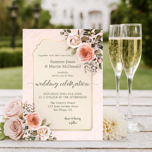 Retro Chic Watercolor Blush Pink Roses Wedding Invitation