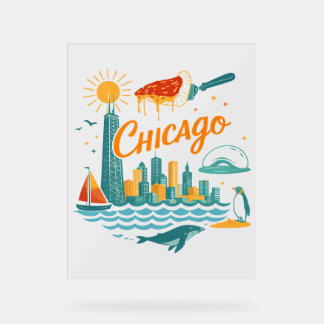 Retro Chicago Skyline Illustration Acrylic Sign