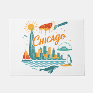 Retro Chicago Skyline Illustration Doormat