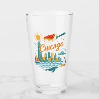 Retro Chicago Skyline Illustration Glass