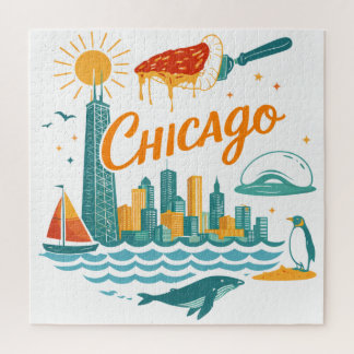 Retro Chicago Skyline Illustration Jigsaw Puzzle