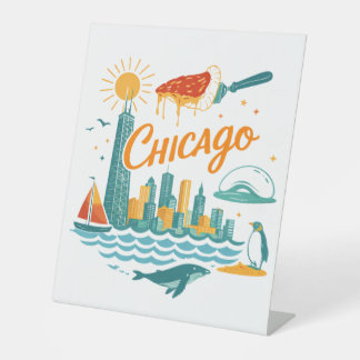 Retro Chicago Skyline Illustration Pedestal Sign