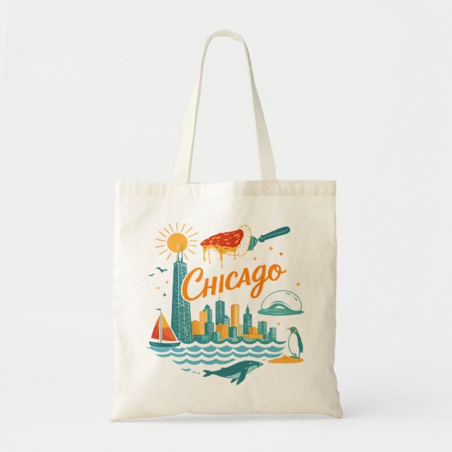 Retro Chicago Skyline Illustration Tote Bag (Front)