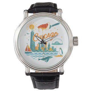 Retro Chicago Skyline Illustration Watch