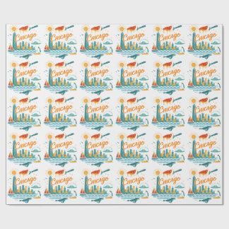 Retro Chicago Skyline Illustration Wrapping Paper