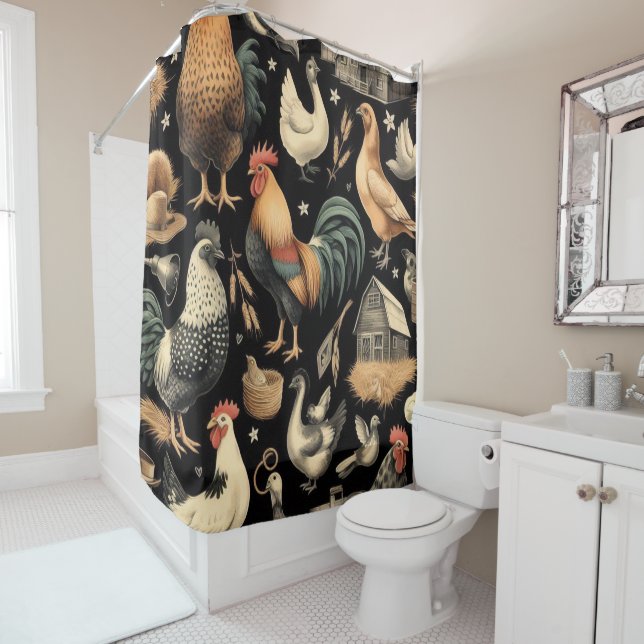 Retro Chicken Farm Pattern Shower Curtain (In Situ)