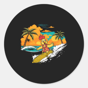 Retro Chicken Surfing Corn Tropical Hawaiian Art F Classic Round Sticker