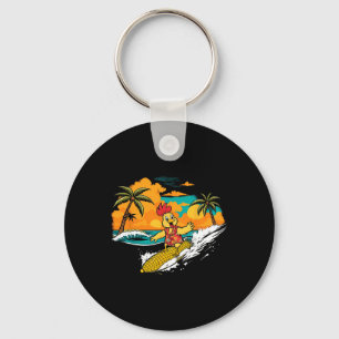 Retro Chicken Surfing Corn Tropical Hawaiian Art F Key Ring