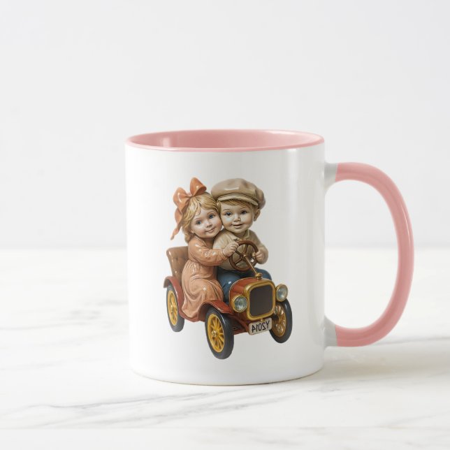 Retro children in an old car. mug (Right)