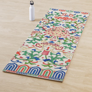 Retro China Lotus Botanical on White Chinoiserie Yoga Mat