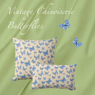 Retro Chinoiserie Blue Butterflies Blush Ivory Cushion