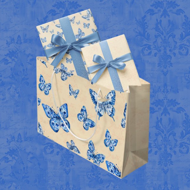 Retro Chinoiserie Blue Butterflies Blush Ivory  Large Gift Bag (Large gift bag is so stylish!)