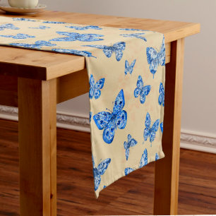 Retro Chinoiserie Blue Butterflies Blush Ivory  Medium Table Runner