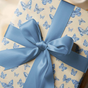 Retro Chinoiserie Blue Butterflies Blush Ivory Wrapping Paper