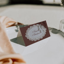 Retro Chocolate Brown Lace Wedding Place Cards