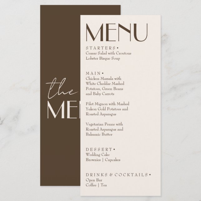 Retro Chocolate Brown Old Money Fancy Wedding Menu (Front/Back)