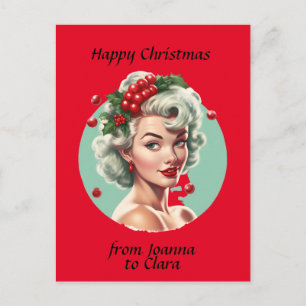 Retro Christmas 1950s pin-up girl - holly berries Postcard