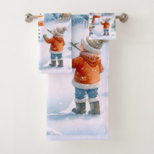 Retro Christmas 1950's Snowman Bath Towel Set