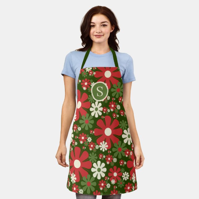 Retro Christmas 60s 70s Floral Pattern Initial Apron (Worn)