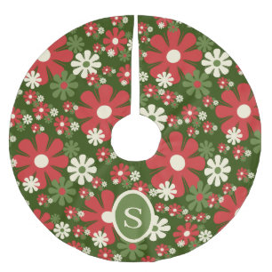 Retro Christmas 60s 70s Floral with Initial Brushed Polyester Tree Skirt