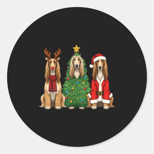 Retro Christmas Afghan Hound Santa Reindeer Dog Lo Classic Round Sticker (Front)