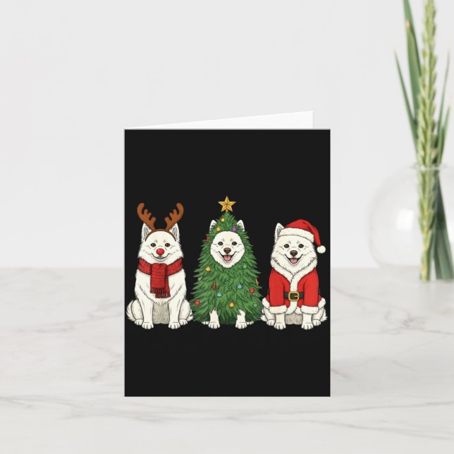 Retro Christmas American Eskimo Dog Santa Reindeer Card (Front)