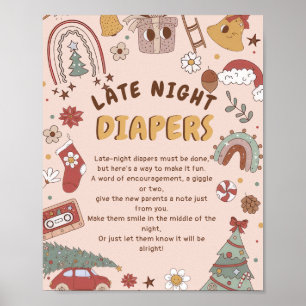 Retro Christmas Baby Shower Late Night Diapers Poster