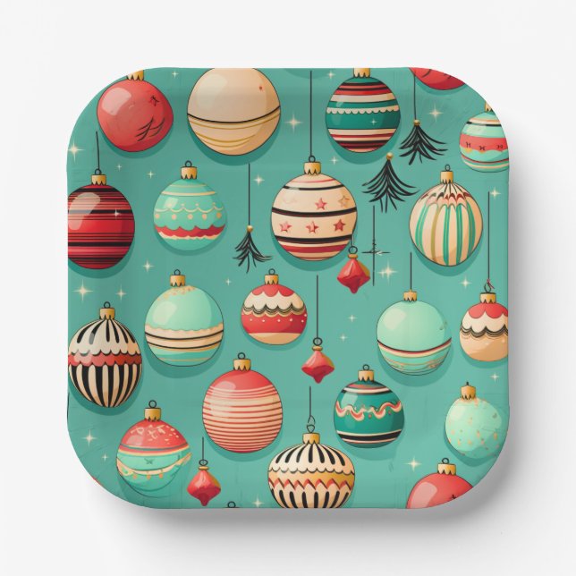 Retro Christmas Baubles Small Paper Plate (Front)