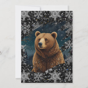 Retro Christmas bear midnight snowy landscape Invitation