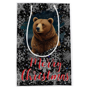 Retro Christmas bear midnight snowy landscape Medium Gift Bag