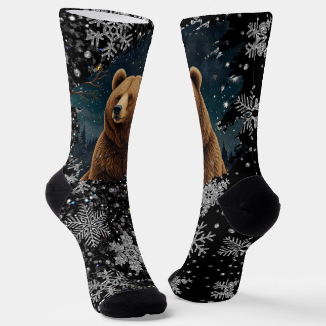 Retro Christmas bear midnight snowy landscape Socks (Angled)