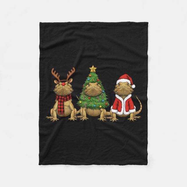 Retro Christmas Bearded Dragon Santa Reindeer  Fleece Blanket (Front)