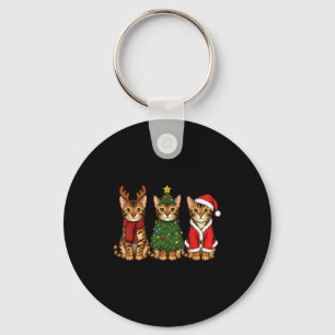 Retro Christmas Bengal Cat Santa Reindeer Key Ring