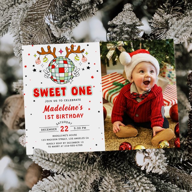 Retro Christmas Birthday Party Sweet One Photo Invitation (Creator Uploaded)